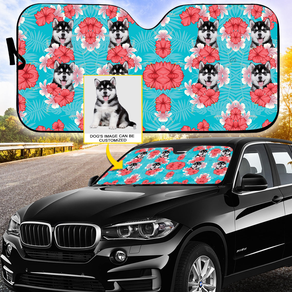 Petthouse | Customize Sun Shade Tropical Dog Sunshade Siberian Husky Hawaii Pattern Car Sun Shade Windshield