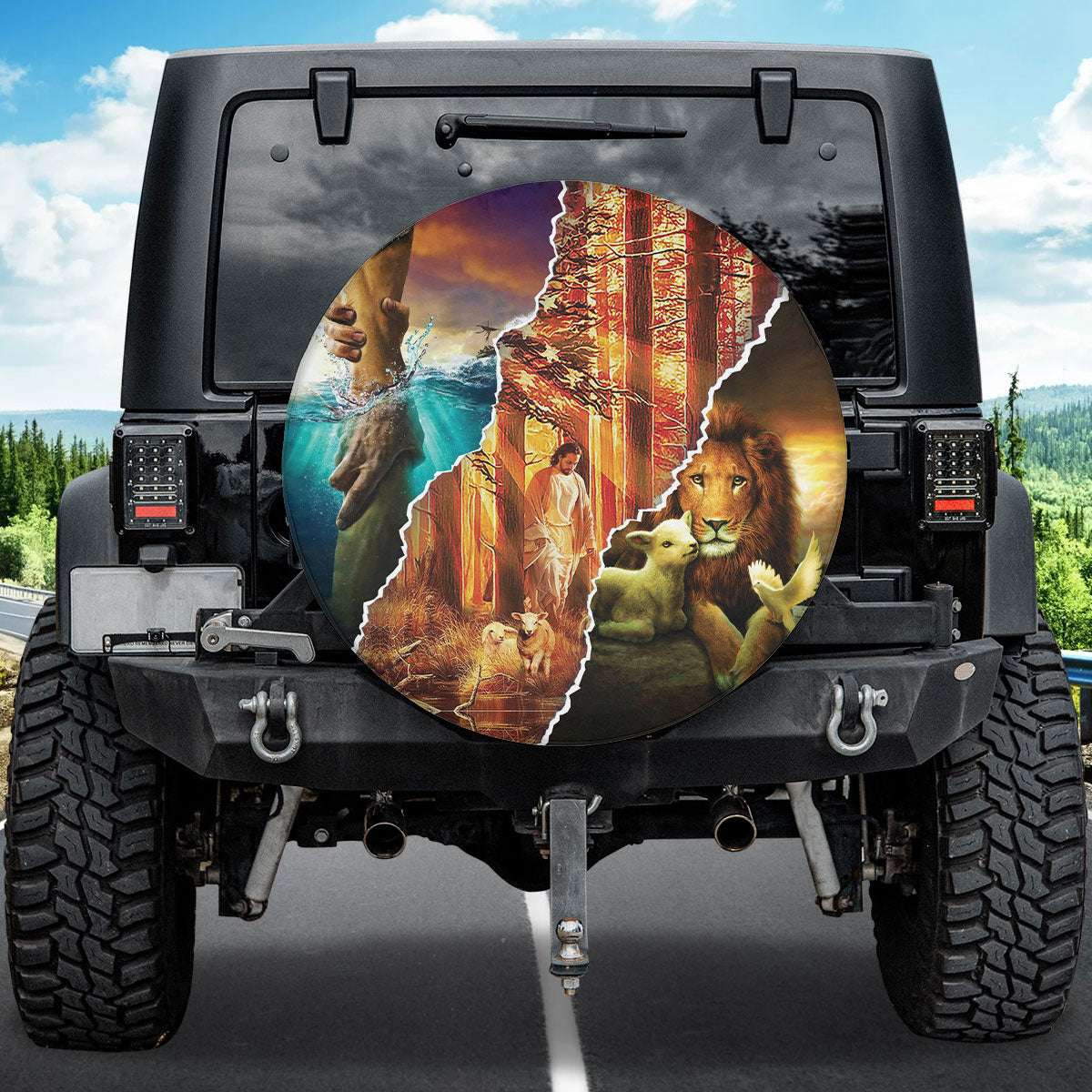 Petthouse | Jesus Lion And Lamb Spare Tire Cover God Believer Gifts Seasonal Tire Totes Universal Fit