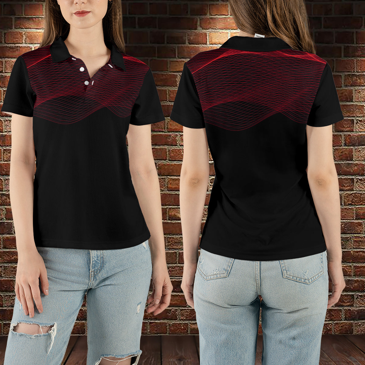 Petthouse | Wavy Red Lines Pattern Women's Polo Shirts Golfer Gift Golfing Styles Sports Team Gift