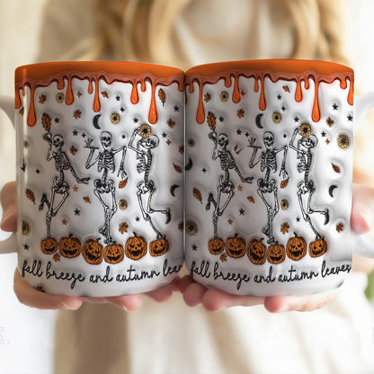 Petthouse | Skeletons Fall Breeze And Autumn Leaves Inflated 3d Effect Mug, Spooky Dancing Skeletons