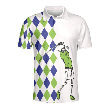 Petthouse | Golfer Skeleton Halloween Green And Blue Argyle Pattern Polo Shirt Golf Player Athletes Sport Shirt Dad