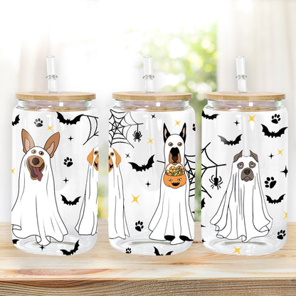 Petthouse | Cute Ghost Dog Coffee Cup, Glass Can Cup With Lid And Straw, Spooky Halloween Dogs Ghost