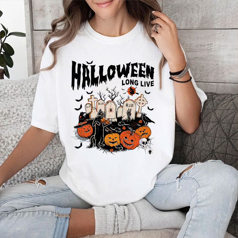 Petthouse | Long Live Halloween T-shirt, Spooky Vibes Shirt, Cat Playing Violin Halloween Vibes Shirt