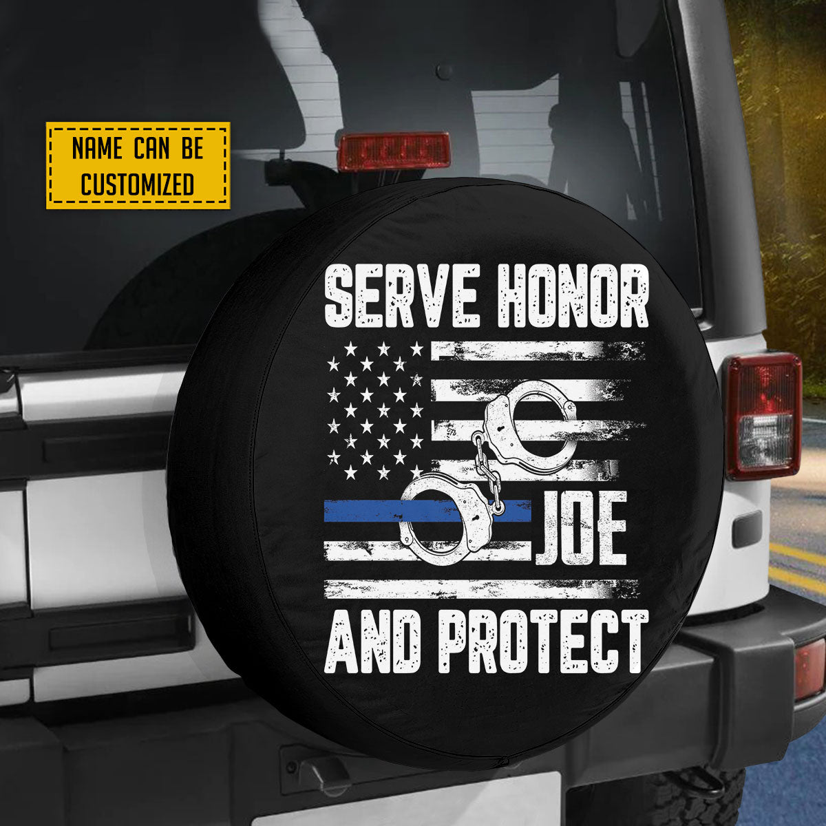 Petthouse | Customized Name Police Serve Honor Flag And Cuffs Spare Tire Cover Patriot Police American Tire