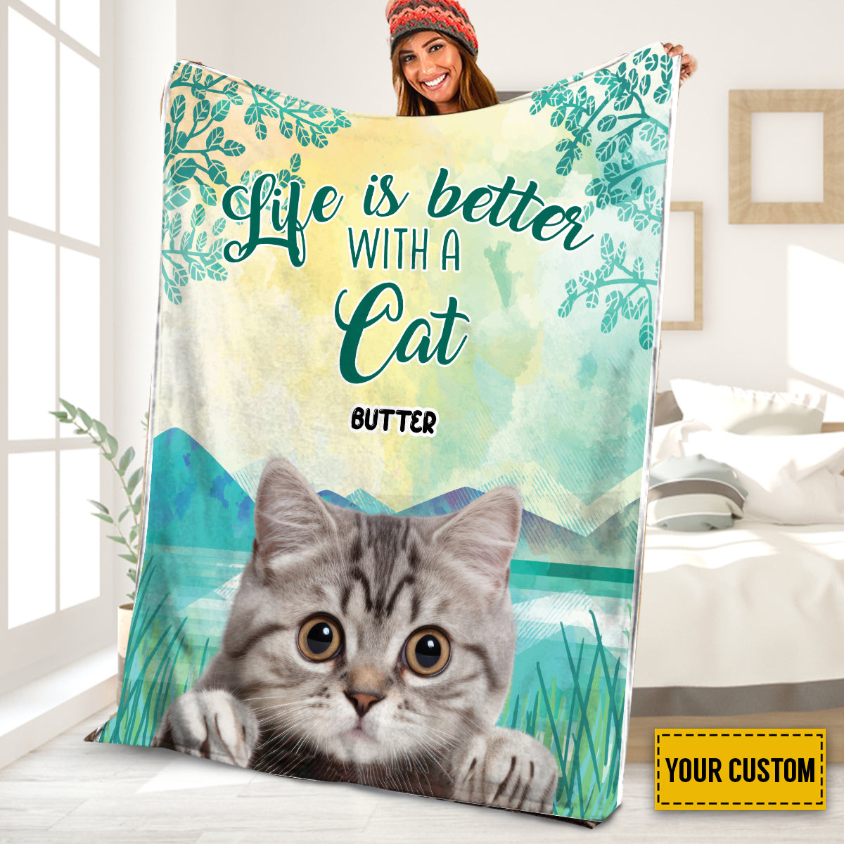 Petthouse | Personalized Cat Collage Fleece Blanket, Life Is Better With A Cat Throw Blanket, Positive Encourage