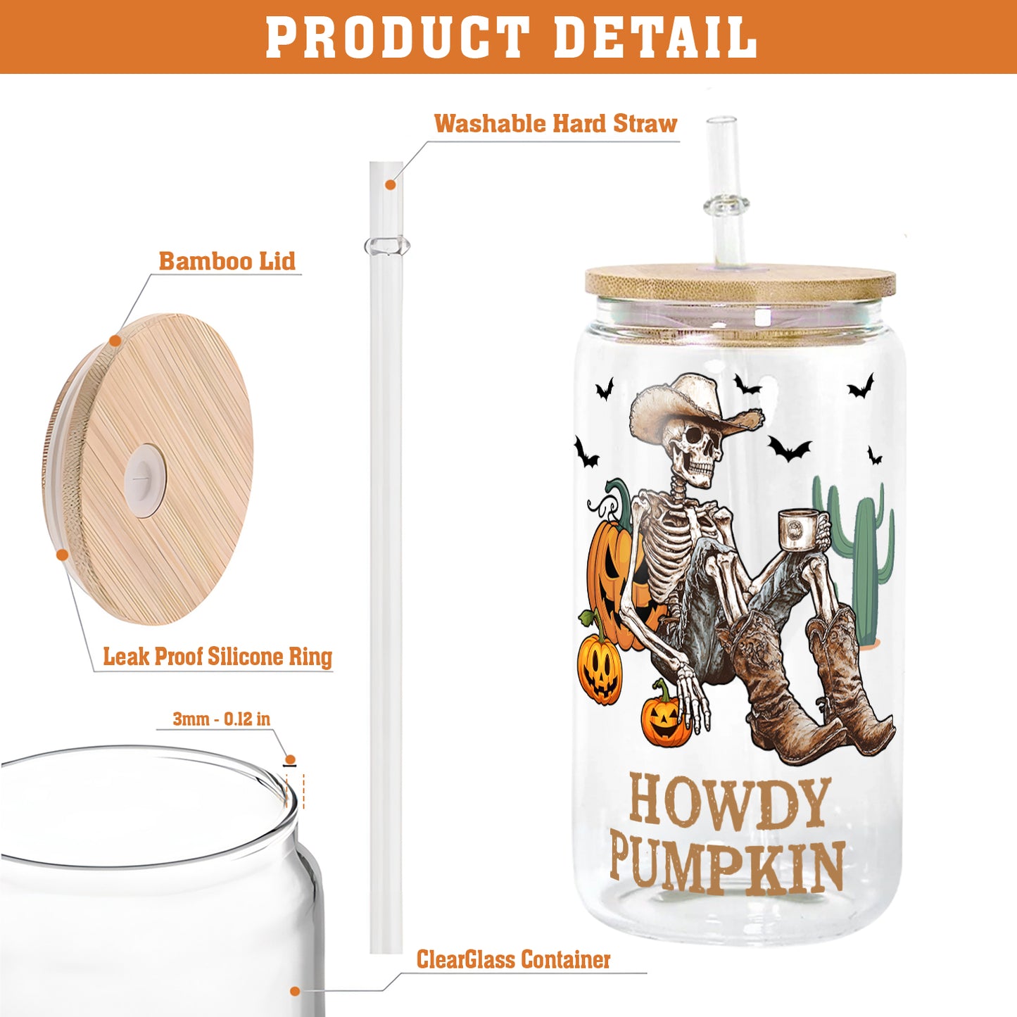 Petthouse | Cowboy Skeleton Drink Coffee Glass Can, Spooky Season, Howdy Pumpkin Glass, Skeleton Libby