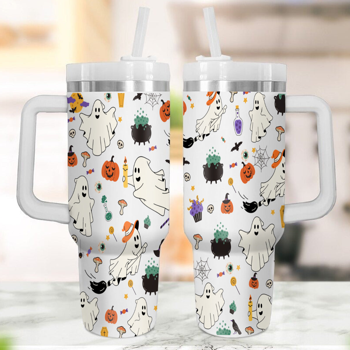 Petthouse | Ghost Halloween Retro Tumbler 40oz Tumbler, With Handle And Straw, Retro Ghosts, Spooky Season