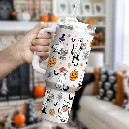 Petthouse | Halloween Cat Ghost Reading 40oz Tumbler, Spooky Cat Bookish Stainless Steel Tumbler, Ghost Cat