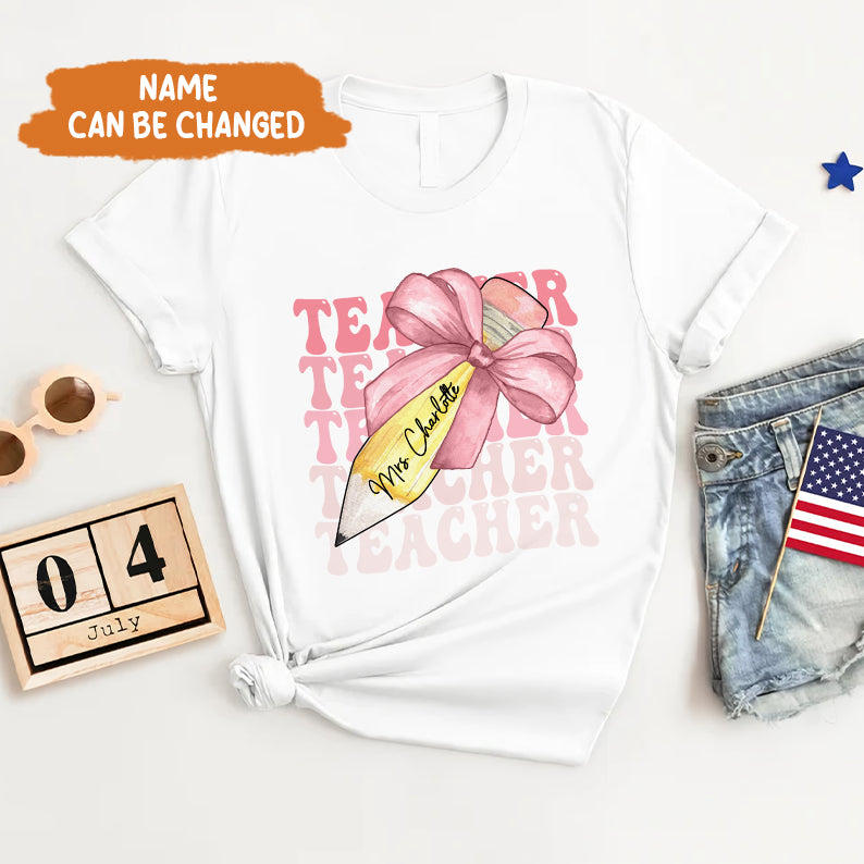 Petthouse | Custom Teacher Pencil Coquette Bow Shirt, Teach Love Inspire Techer Back To School