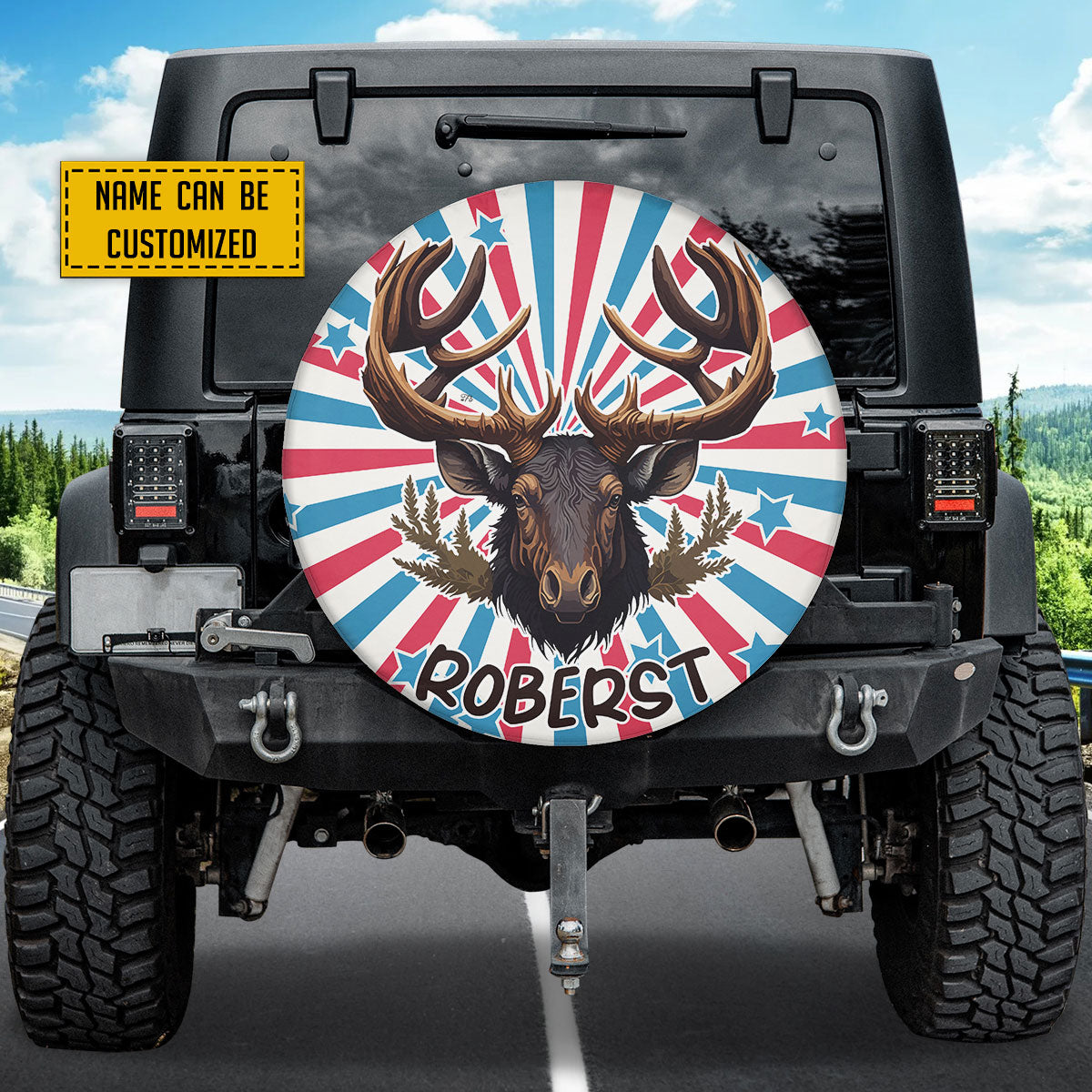 Petthouse | Customized Moose Head On American Patriotic Background Spare Tire Cover Hunting Season