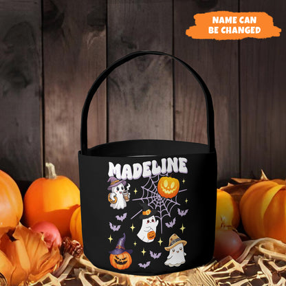 Petthouse | Custom Halloween Trick Or Treat Bag, Pumpkin And Ghost, Kids Name Trick-or-treat Candy Basket