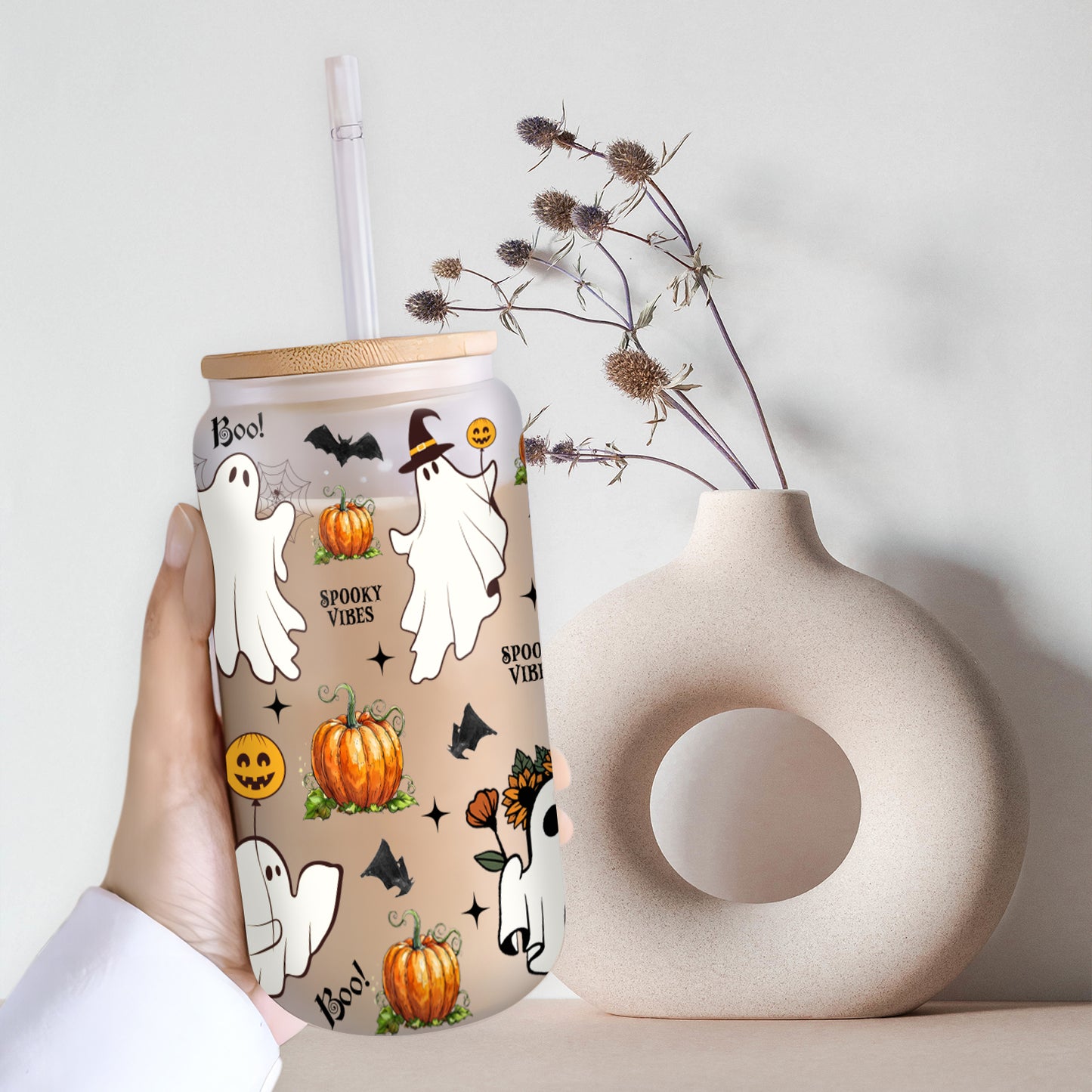 Petthouse | Ghost Spooky Vibes Glass Can, Ghost Boo Spooky Iced, Halloween Spooky Vibes Glass Cup