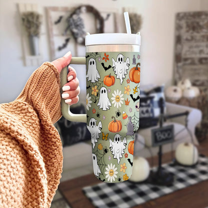 Petthouse | Retro Halloween Doodles 40oz Tumbler, Ghost Spooky Season, Haunted Ghost Pumpkin Spooky