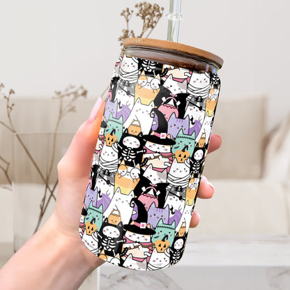 Petthouse | Halloween Cute Cats Glass Can Cup, Witch Cat Ice Coffee Mug, Halloween Gift, Spooky Season