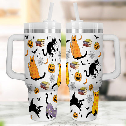 Petthouse | Halloween Ghost Cat 40oz Tumbler, Spooky Black Cat Stainless Steel Tumbler, Cat Spooky Season