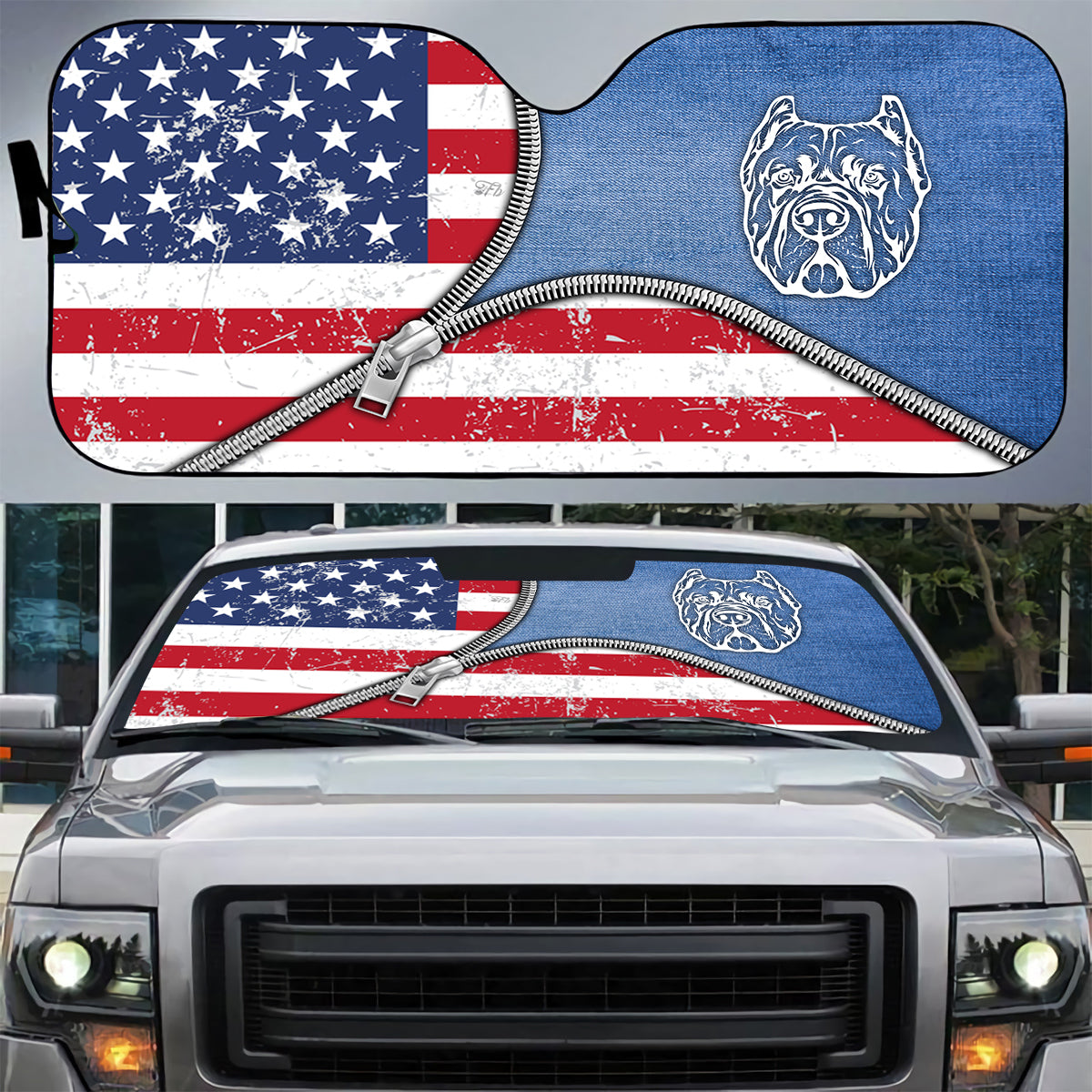 Petthouse | Dog Sunshade Pitbull Dog Denim American Car Sunshade American Patriot Windshield Sun Shade
