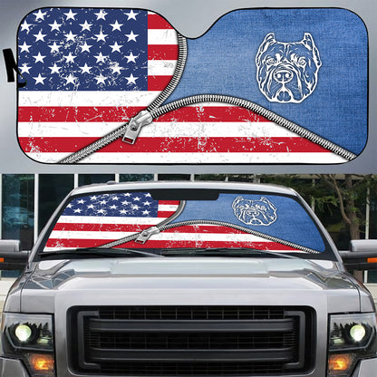 Petthouse | Dog Sunshade Pitbull Dog Denim American Car Sunshade American Patriot Windshield Sun Shade