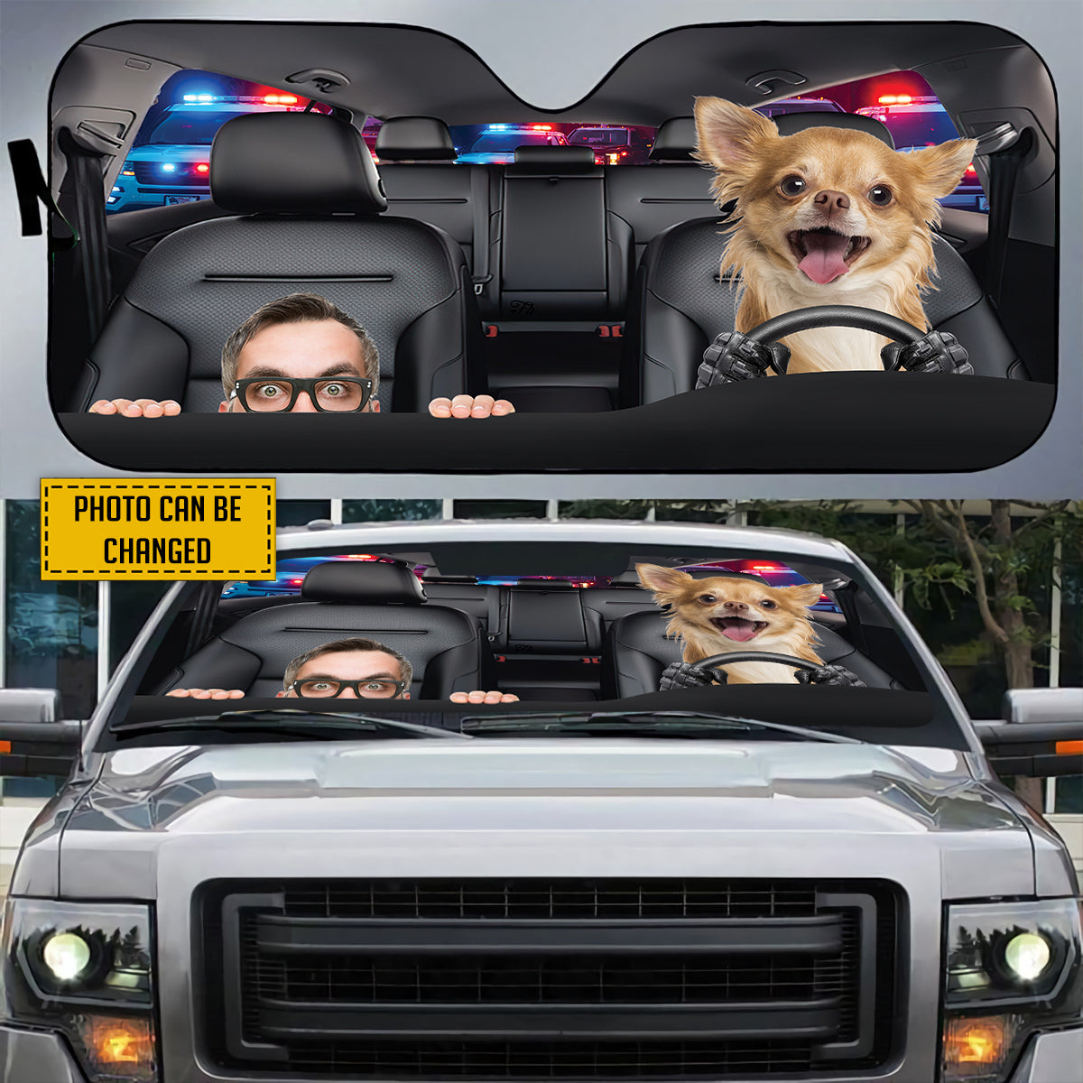 Petthouse | Personalized Sunshade For Car Chihuahua Help Me Police Funny Car Sun Shade Windshield