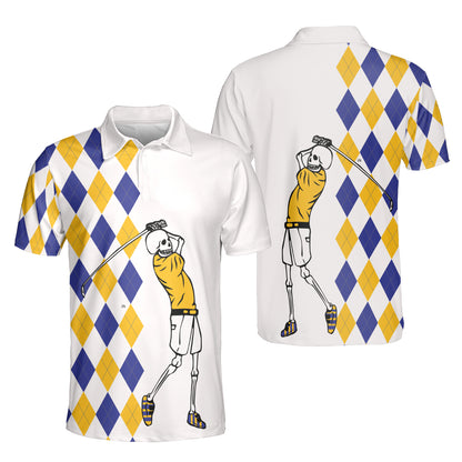 Petthouse | Skeleton Golf Blue And Yellow Argyle Pattern Polo Shirt Skull Golf Player Sport Shirt Golf Lovers Gift