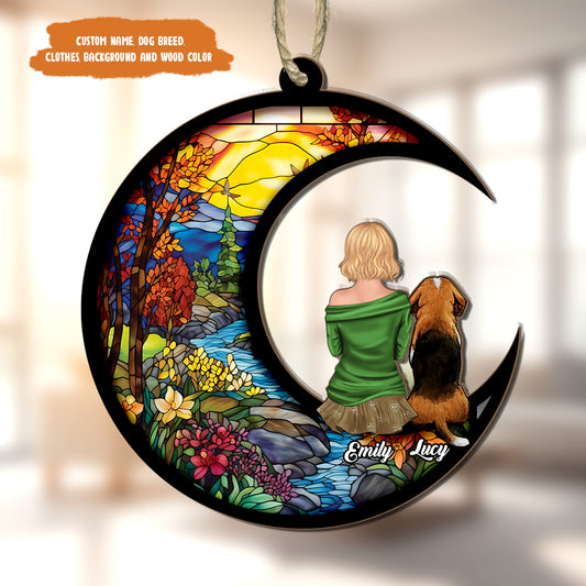 Petthouse | Customized Dog Mom On Moon Suncatcher Windows Hangings, Dog Halloween Memorial Gift