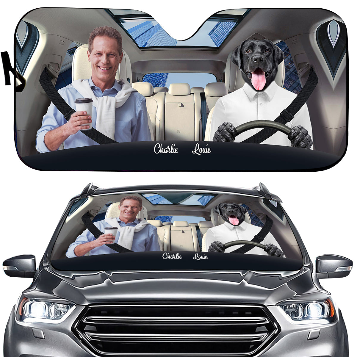 Petthouse | Dog Boss Customized Windshield Sun Shade With Photo Go To Work With Pet Auto Shade Protector Fun