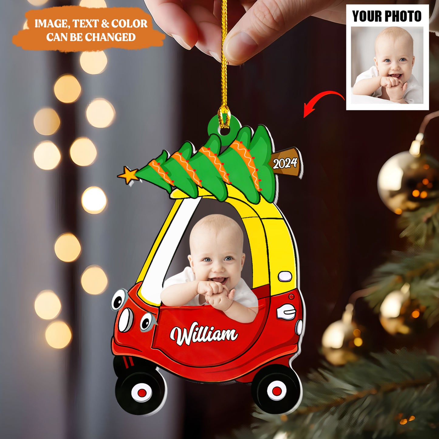 Petthouse | Custom Kid Photo Christmas Ornament, Xmas Gift For Kids, 2024 Baby Newborn In Car Flat Ornament