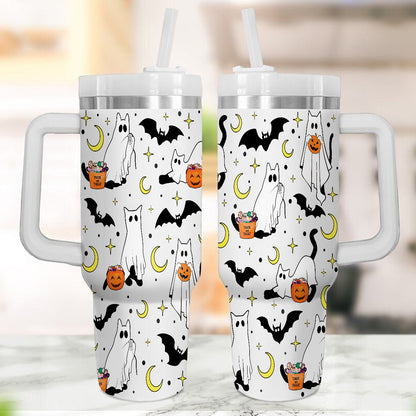 Petthouse | Сute Ghost Cat Tumbler 40oz, Halloween Ghost Cat Tumbler, Spooky Black Cat Stainless Steel Cup, Cat Lovers