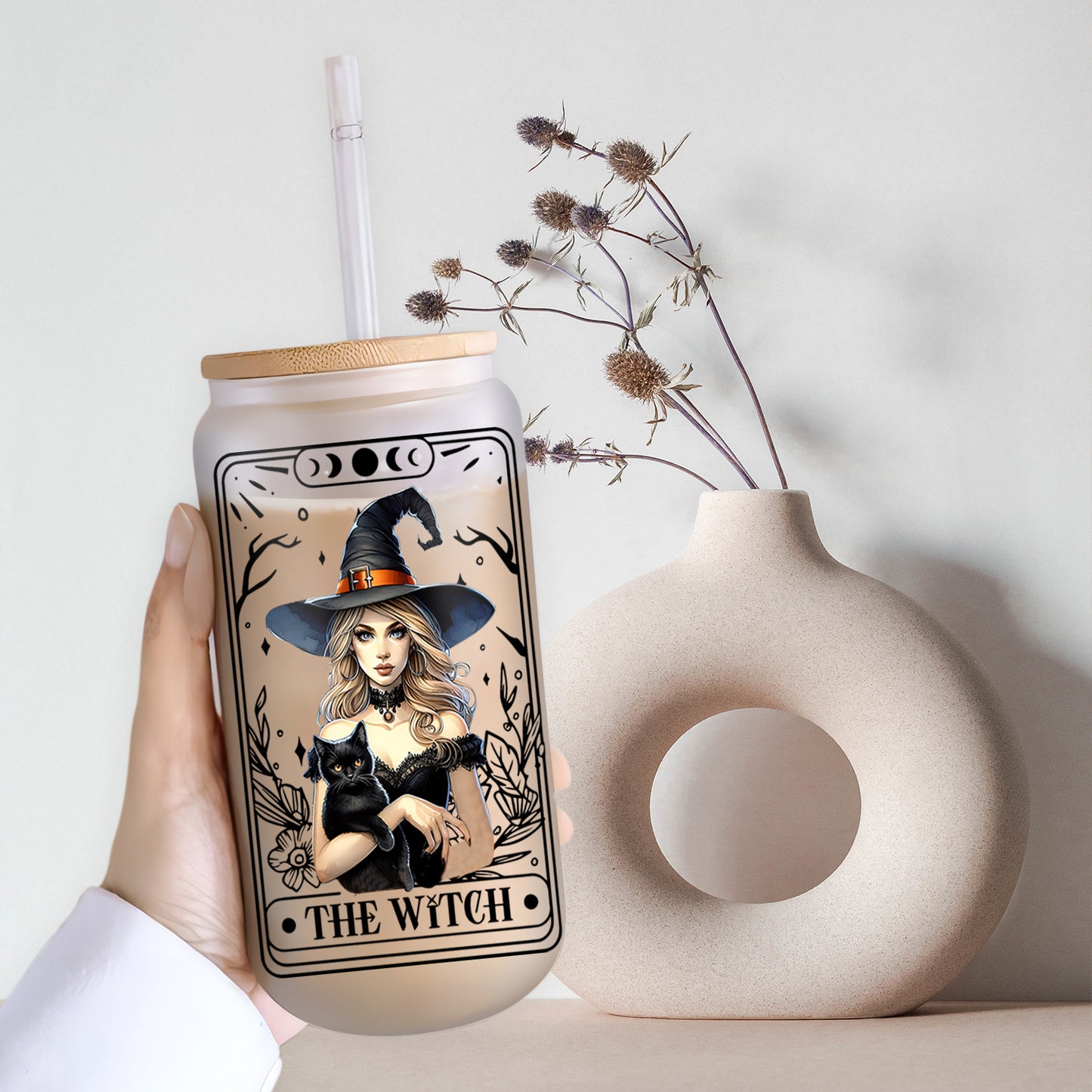 Petthouse | The Witch Tarot Ice Coffee Cup, Ice Coffee Witch Halloween Glass Can With Lid And Straw