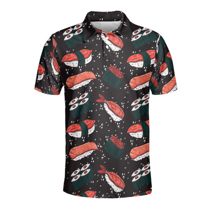 Petthouse | Customized Name Japanese Sushi Slices Seamless Pattern Polo Shirt Cartoon Sushi Sport Shirt Sushi Gift