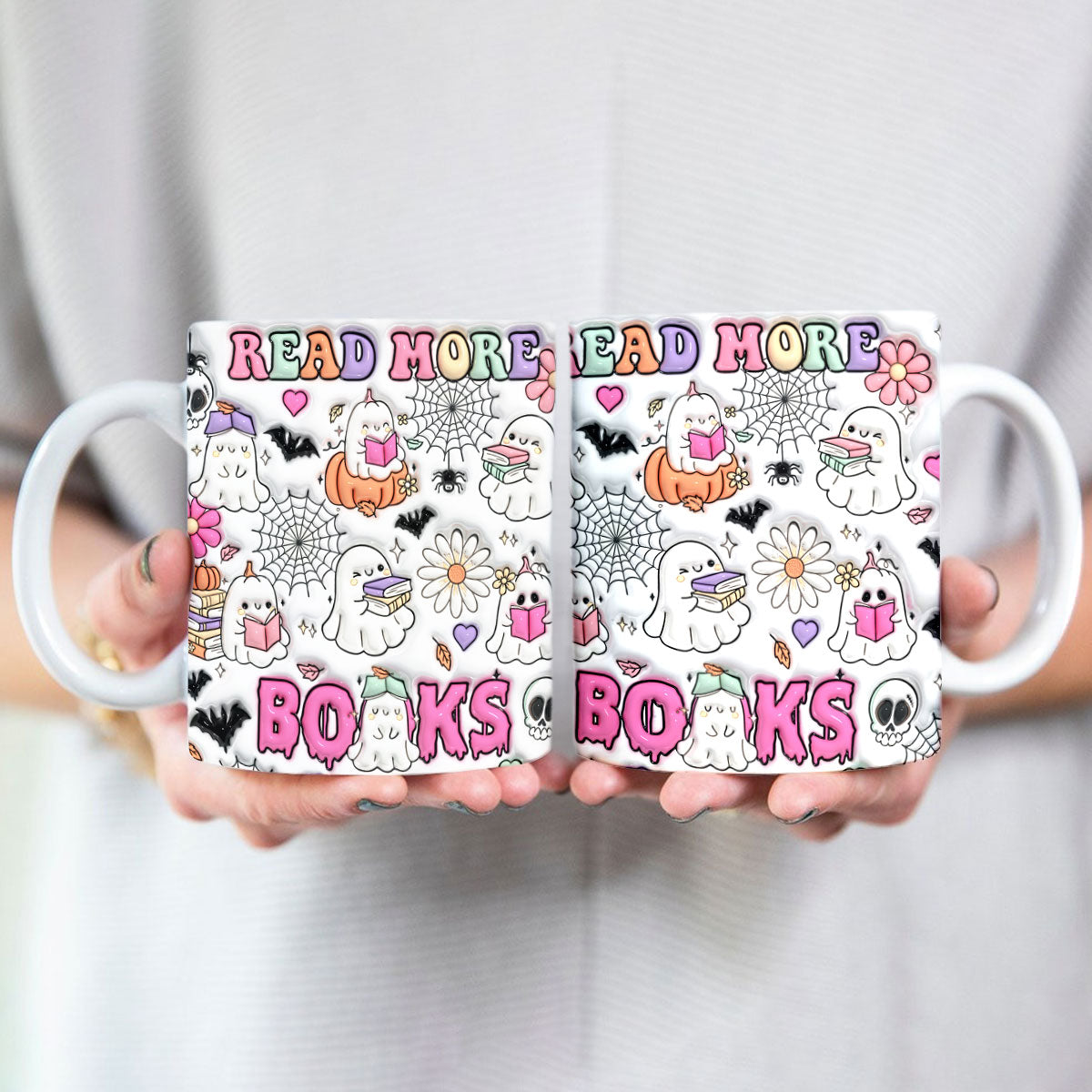 Petthouse | Inflated Book Lover Halloween Mug, Spooky Teacher Mug, Ghost Book Nerd Mug, Reading Books