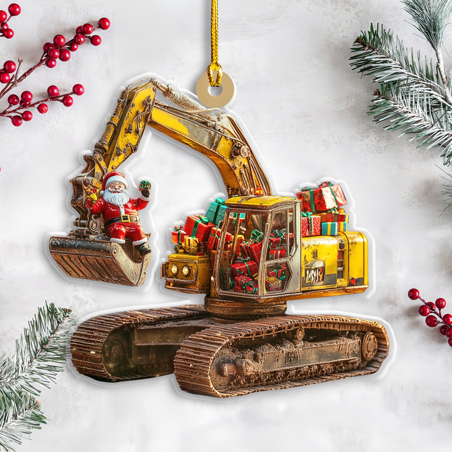 Petthouse | Personalized Excavator 2d Flat Printed Acrylic Ornament, Santa On The Excavator Keepsake