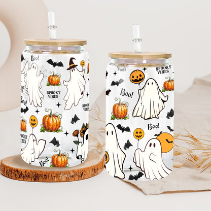 Petthouse | Ghost Spooky Vibes Glass Can, Ghost Boo Spooky Iced, Halloween Spooky Vibes Glass Cup