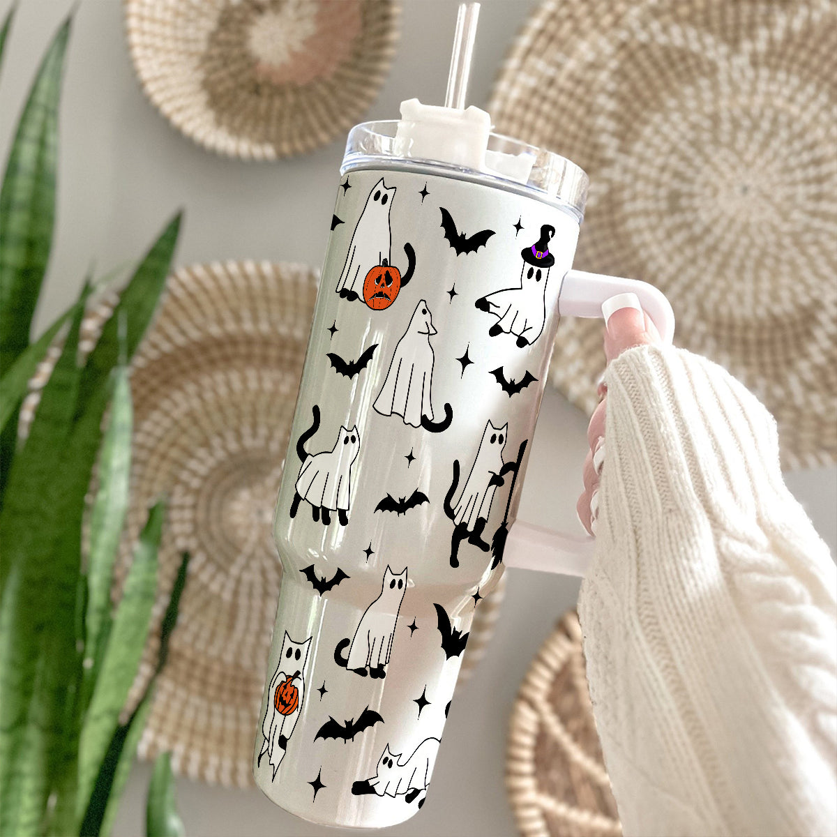 Petthouse | Ghost Cat 40oz Tumbler, Spooky Cat Ghost, Halloween Ghost Black Cat Stainless Steel Tumbler