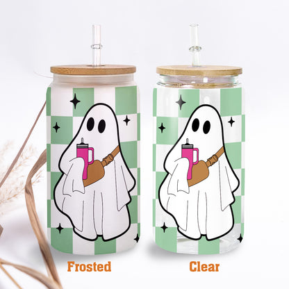 Petthouse | Ghost Halloween Glass Can, Spooky Vibes checkerboard Ghost Glass, Checkered Ghost Coffee