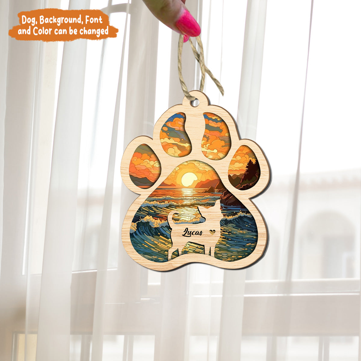 Petthouse | Personalized Dog Paw Memorial Suncatcher Ornament, Custom Sunset Background Pet Sympathy Gift