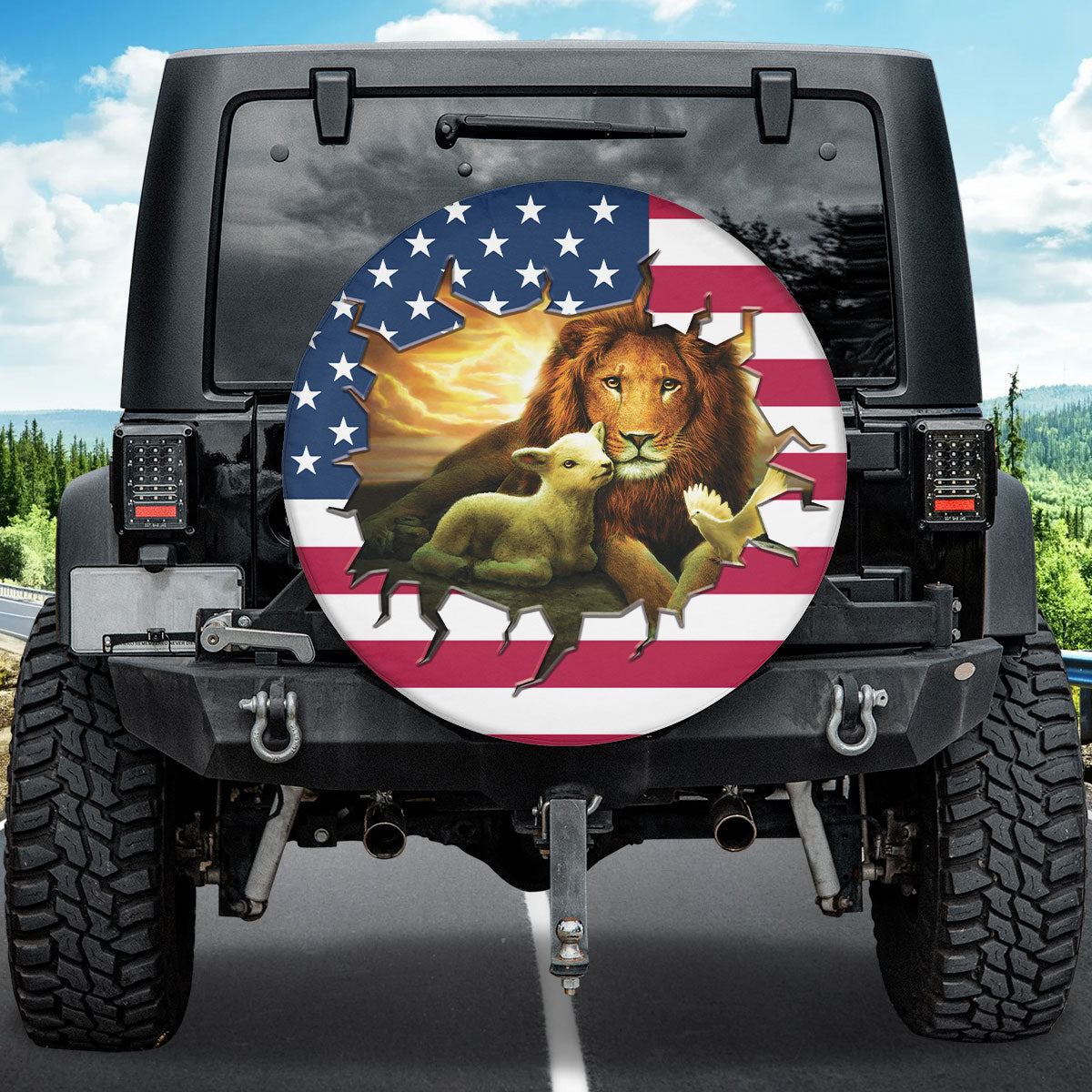 Petthouse | Jesus Lion And Lamb Usa Flag Spare Tire Cover Jesus Catholic Car Tire Protector Dust-proof