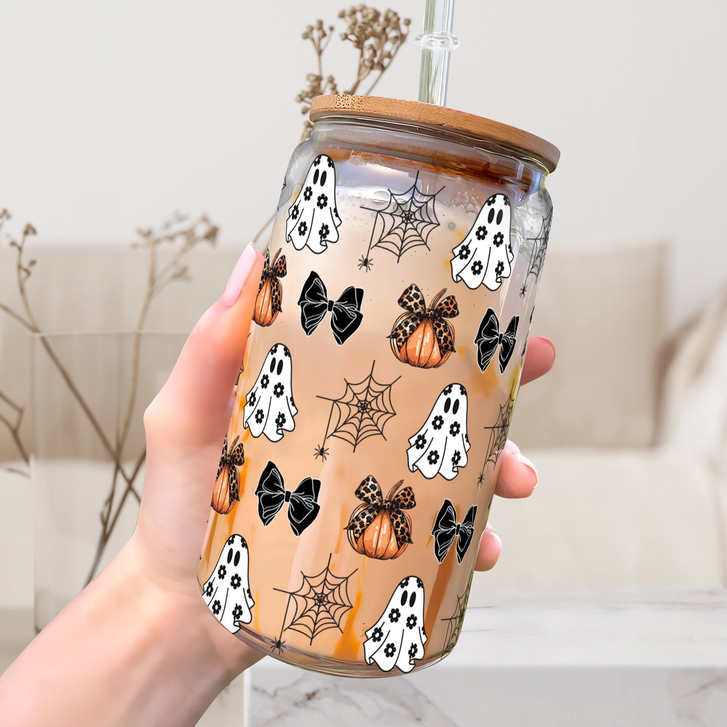 Petthouse | Bows Ghosts Halloween Glass Can, Bows Ghosts And Pumpkins Glass Can, Halloween Coffee