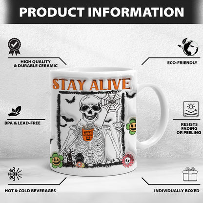 Petthouse | Skeleton Coffee Mug, Stay Alive 3d Inflated Mug, Spooky Vibes Mug, Pumpkin Spice Coffee