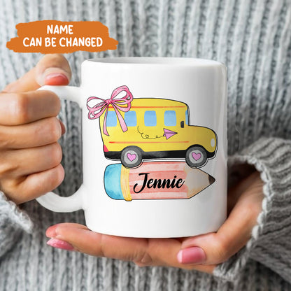 Petthouse | Personalized School Bus With Name Bow Shirt, Coquette Back To School Shirt, School Girl