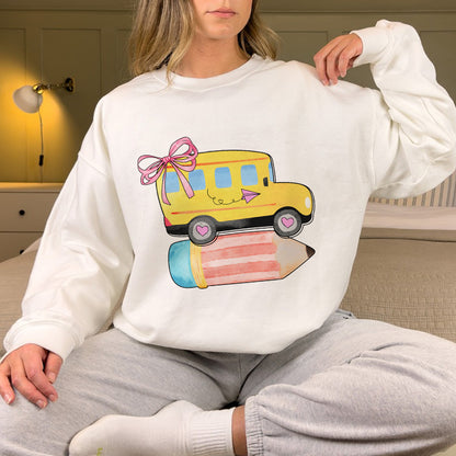 Petthouse | Personalized School Bus With Name Bow Shirt, Coquette Back To School Shirt, School Girl