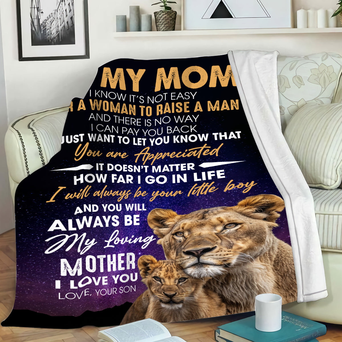 Petthouse | Happy Mother's Day Soft Blanket, Lion Mother And Baby Blanket, Letter From Son To Mom Blanket