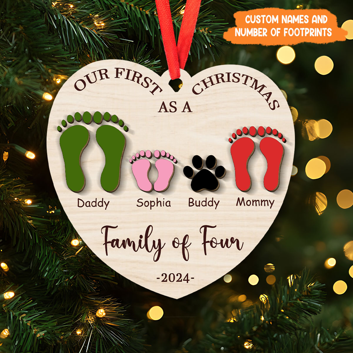 Petthouse | Personalized Family Wooden Ornament, First Christmas As A Family Of Four Footprints Ornament