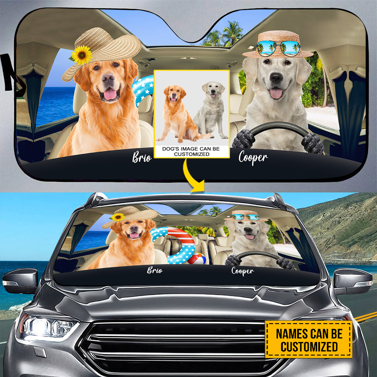 Petthouse | Golden Retriever Beach Driving Sunshades For Car Custom Photo Windshield Sun Shade Sun Visor