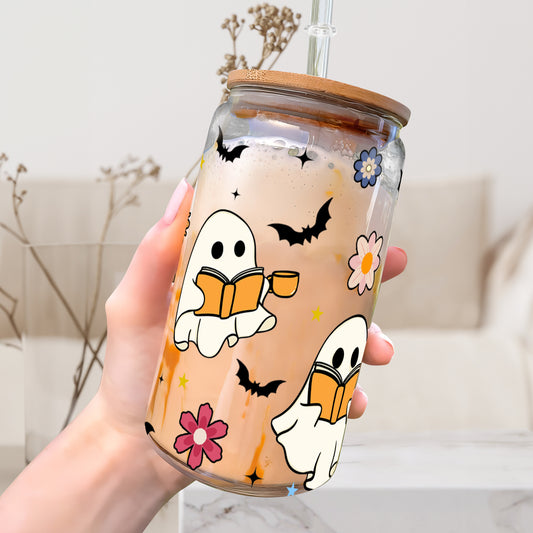 Petthouse | Halloween Ghost Book Lover Can Glass Wrap, Ghost Reading Glass Can, Funny Halloween Libbey Glass