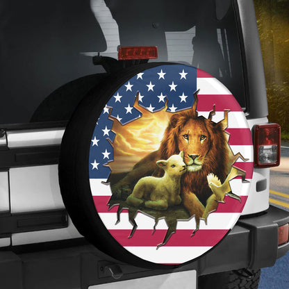 Petthouse | Jesus Lion And Lamb Usa Flag Spare Tire Cover Jesus Catholic Car Tire Protector Dust-proof