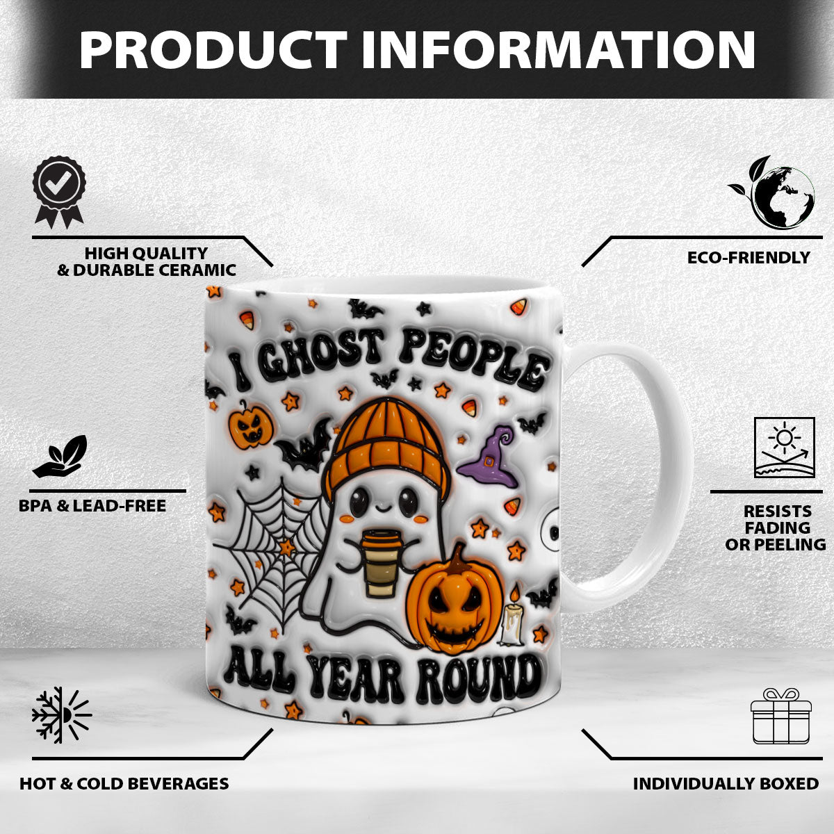 Petthouse | Halloween I Ghost People Inflated Effect 3d Mug, Ghost Pumpkin Mug, Spooky Vibes Ghost Coffee