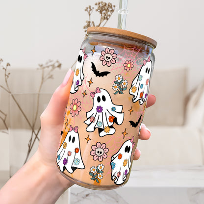 Petthouse | Spooky Ghost Glass Can, Retro Groovy Flowers Ghost Halloween Glass Cup, Ghost Spooky Vibes