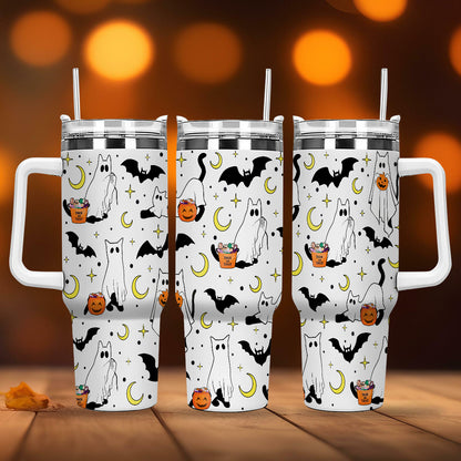 Petthouse | Сute Ghost Cat Tumbler 40oz, Halloween Ghost Cat Tumbler, Spooky Black Cat Stainless Steel Cup, Cat Lovers