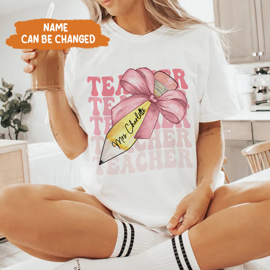 Petthouse | Custom Teacher Pencil Coquette Bow Shirt, Teach Love Inspire Techer Back To School