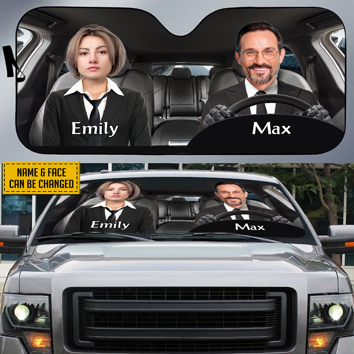 Petthouse | Customize Gangster Couple Windshield Sun Shade With Face City Tower Background Sun Visor For Car